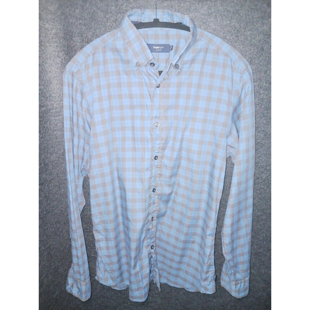 Zegna‎ Sport Mens Large Blue Grey Check Slim Fit Button Down Long Sleeve Cotton